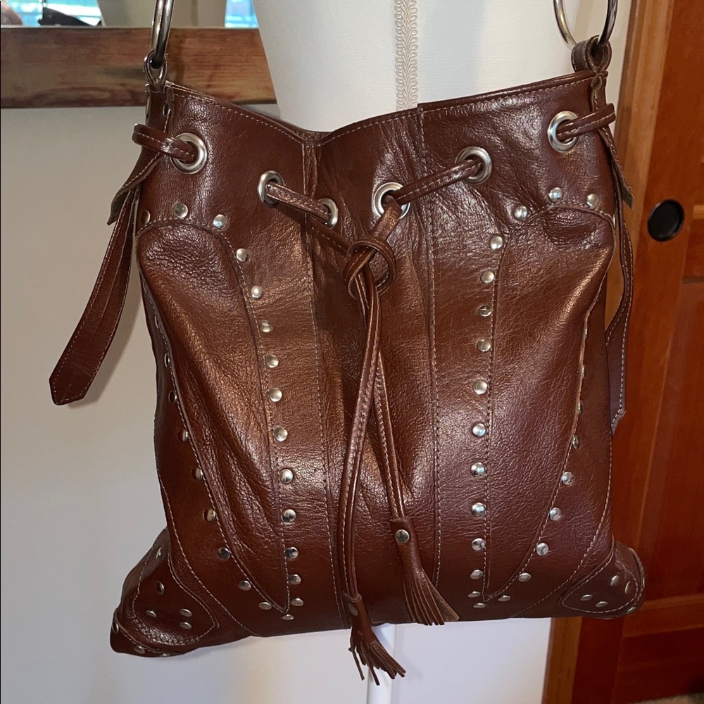 Chocolate Brown Leather Studded Shoulder Bag